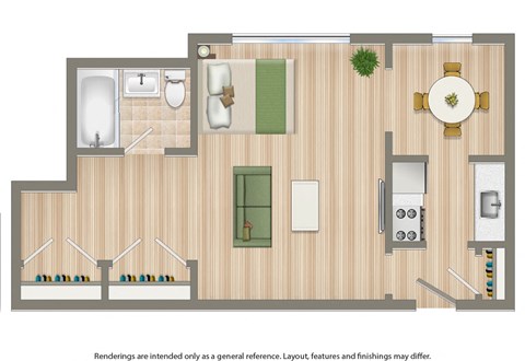studio apartment floor plan rendering at 3101 Pennsylvania Ave. apartments in washington dc